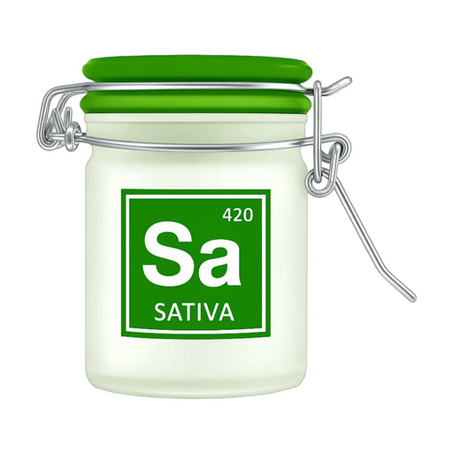 420 Sativa frosted glass herb storage jar, 1.5 oz, airtight clamp lid