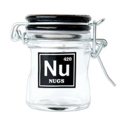 Airtight frosted glass herb jar with periodic symbol design, smell-proof clamp lid