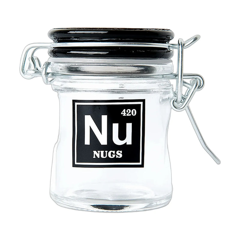Airtight frosted glass herb jar with periodic symbol design, smell-proof clamp lid