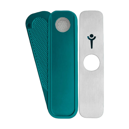 Blue Mini Genius folded glass smoking pipe with vivid teal finish, pocket-sized