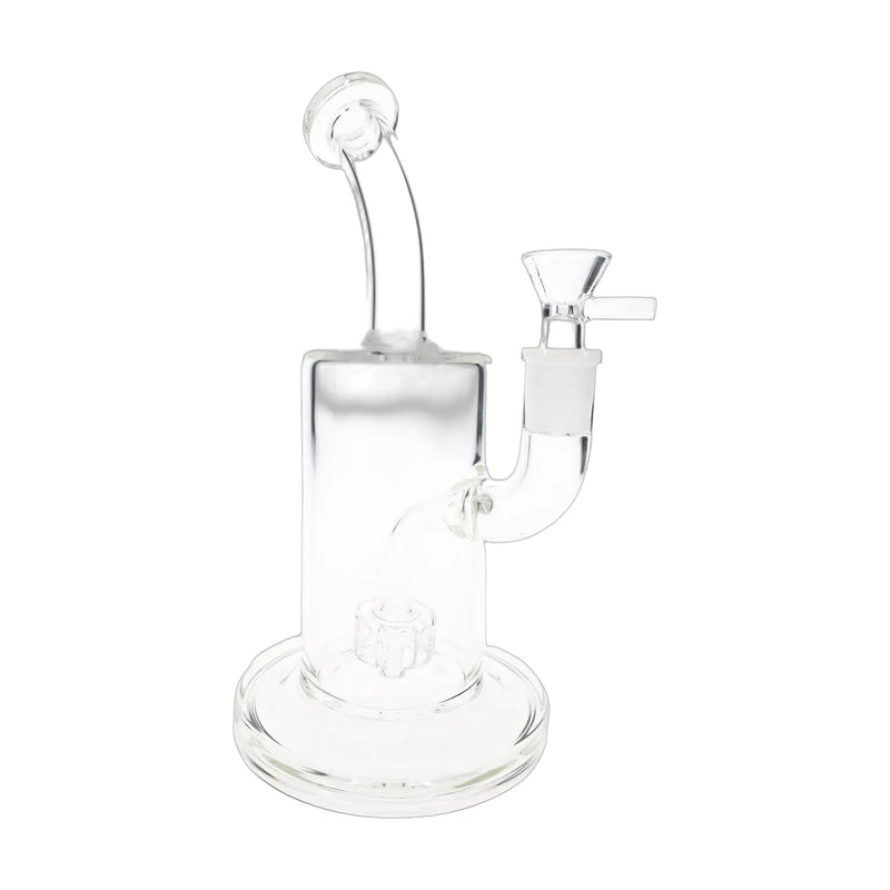 Clear glass stemless bong, 9 inch with bent neck and showerhead percolator