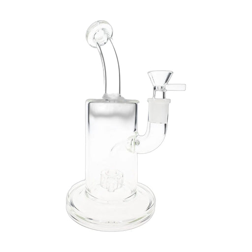 Clear glass stemless bong, 9 inch with bent neck and showerhead percolator