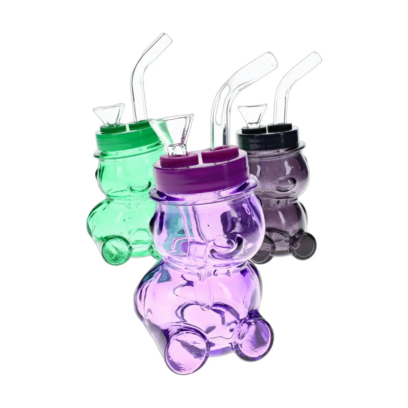 Colored bear shaped glass bong, 4 inch novelty piece with bent mouthpiece