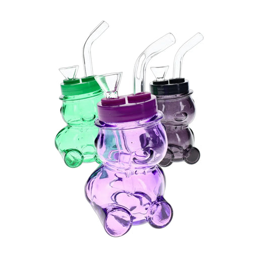 Colored bear shaped glass bong, 4 inch novelty piece with bent mouthpiece