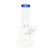 Clear glass beaker bong, 8 inch with colored rim accent and ice pinch