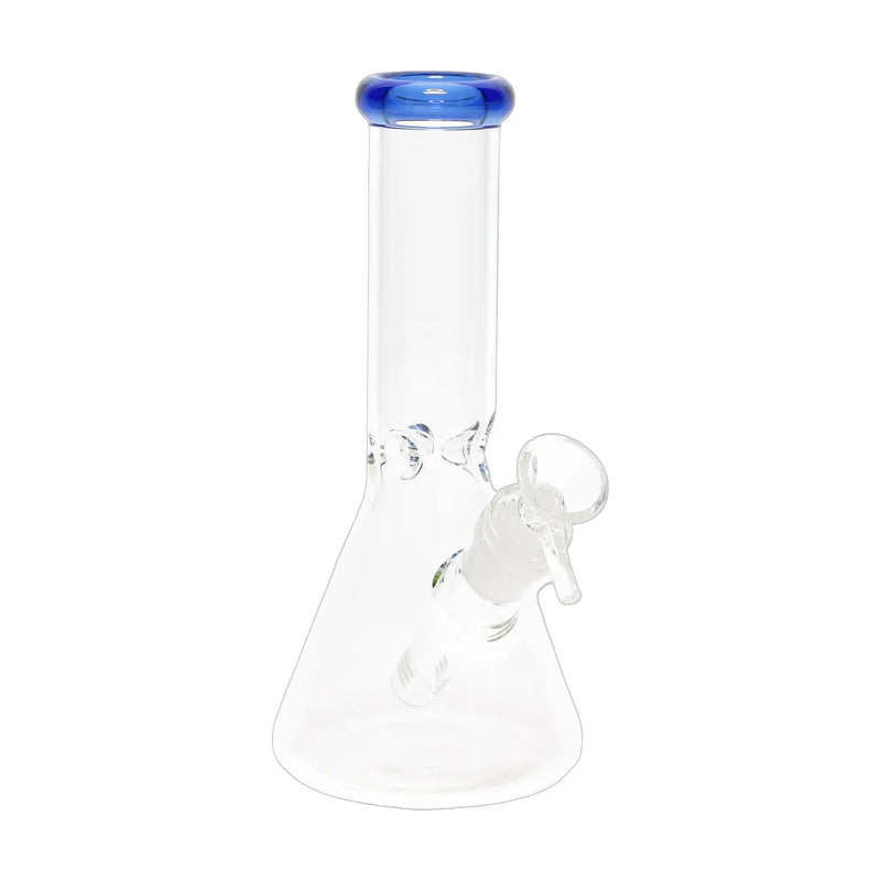 Clear glass beaker bong, 8 inch with colored rim accent and ice pinch