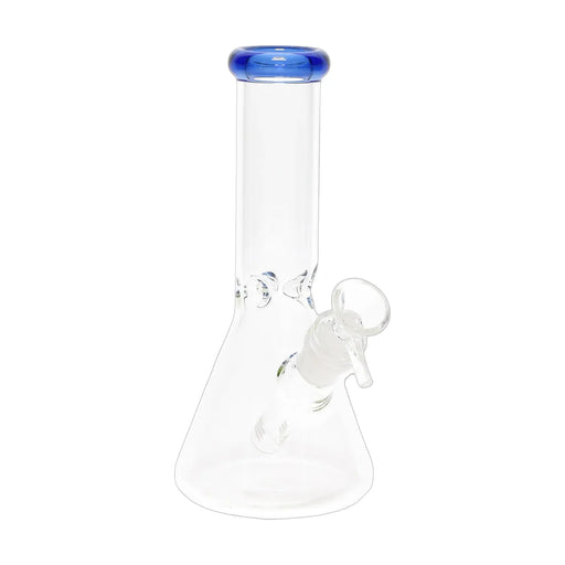 Clear glass beaker bong, 8 inch with colored rim accent and ice pinch