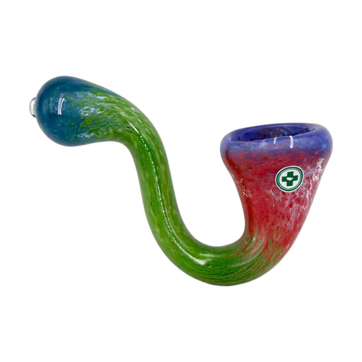 Frit sherlock glass hand pipe with curved stem, varied color placement