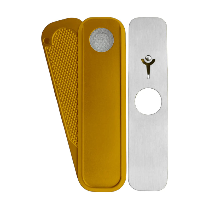 Gold Mini Genius folded glass smoking pipe with brushed steel cleaning tool