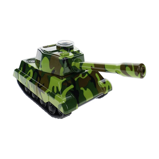 Tank shaped metal herb grinder with built-in pipe, dispenser drawer, glass screen bowl
