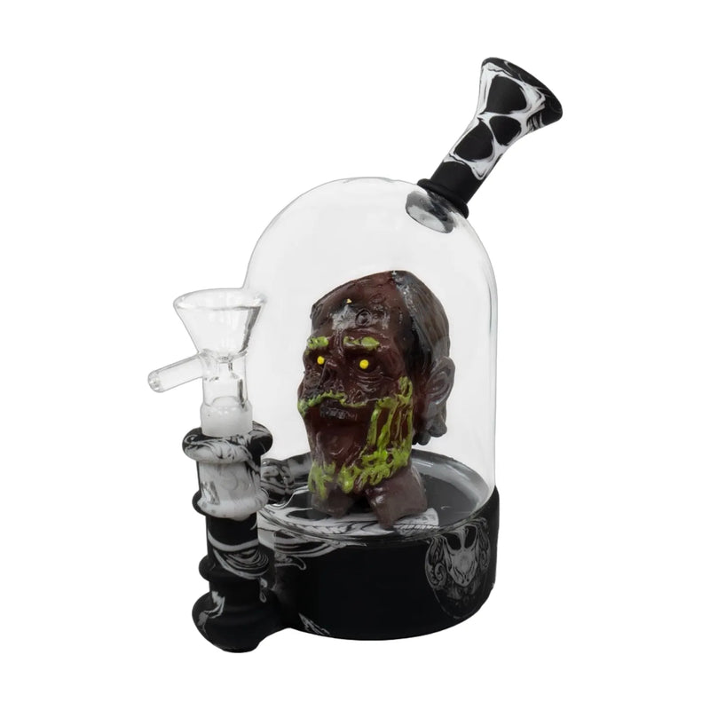 Zombie dome glass bong with detailed zombie head, side bowl and curved neck